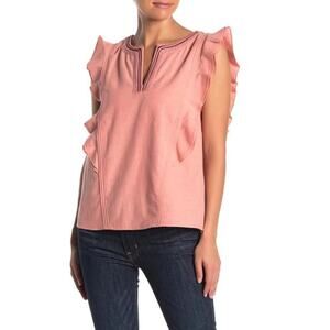 Frye Pink Ruffle‎ Shoulder Tank Top Size M Embroidered Split Neck Sleeveless